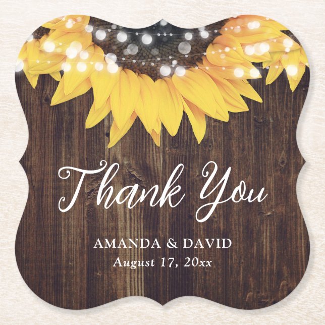Rustic Sunflower Country Wood Wedding Favour Paper Coaster (Front)