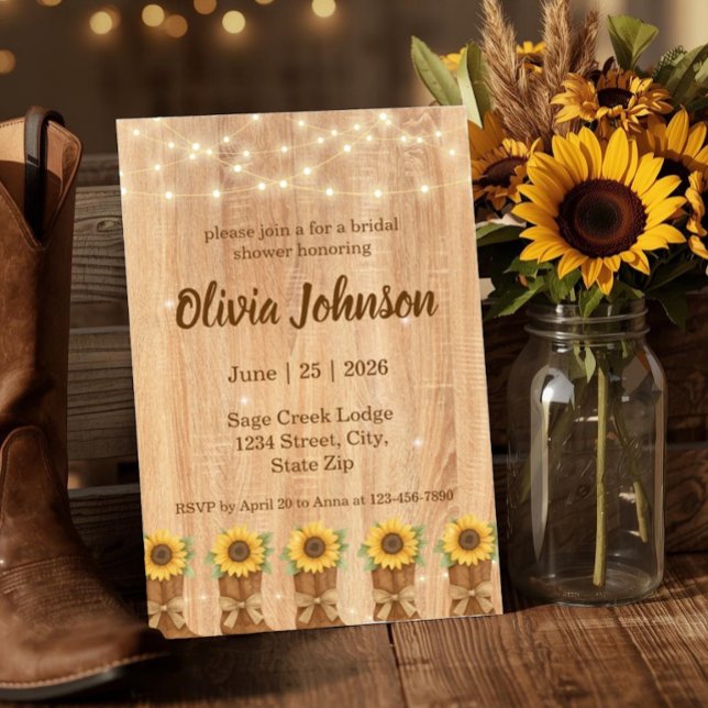 Rustic Sunflower Cowboy Boot Bridal Shower Invitation (Rustic country bridal shower invitation featuring sunflowers, cowboy boots, and twinkle lights.)