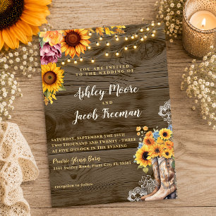 Rustic Sunflower Cowgirl Barn Wood Wedding Invitation