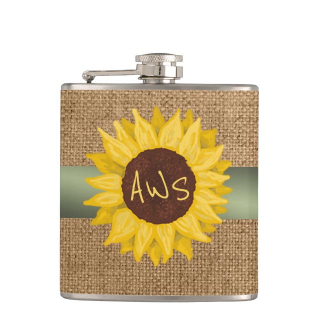 Rustic Sunflower Custom Monogram Hip Flask (Front)