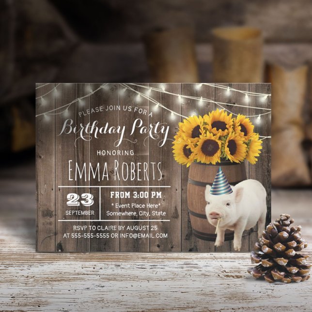 Rustic Sunflower Cute Pig Farm Birthday Party Invitation (Creator Uploaded)