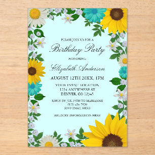 Rustic Sunflower Daisy Floral Birthday Acrylic Invitations