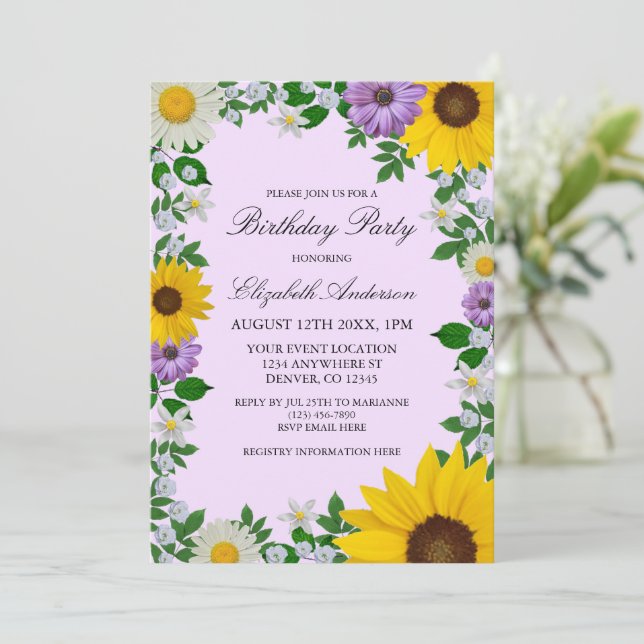 Rustic Sunflower Daisy Floral Birthday Invitation (Standing Front)