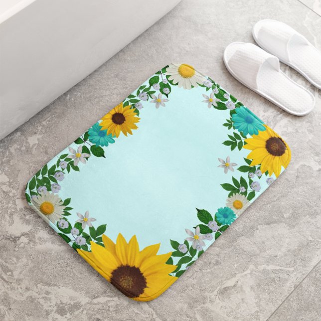 Rustic Sunflower Daisy Teal Floral Bath Mat (Creator Uploaded)