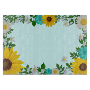 Rustic Sunflower Daisy Teal Floral Cutting Board