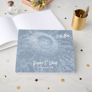 Rustic Sunflower Dusty Blue White Floral Elegant Guest Book