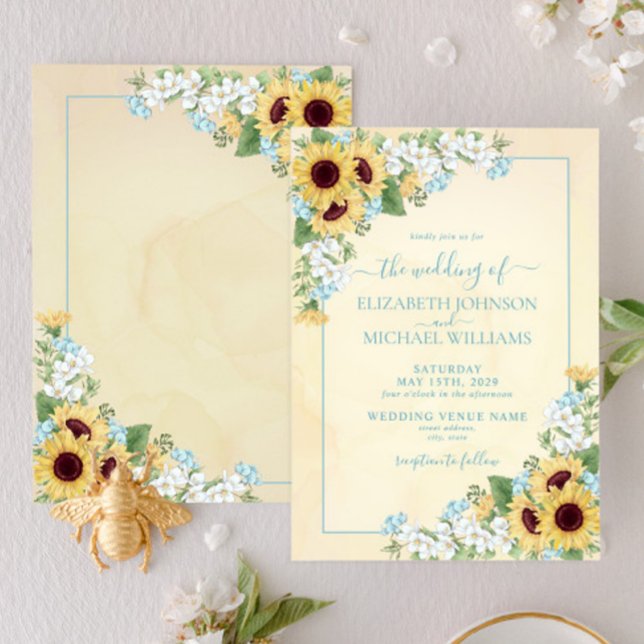Rustic Sunflower Dusty Blue Yellow Floral Wedding Invitation (Creator Uploaded)