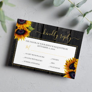 Rustic sunflower elegant script barn wood wedding RSVP card