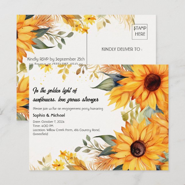 Rustic Sunflower Engagement Party  Invitation Postcard (Front/Back)