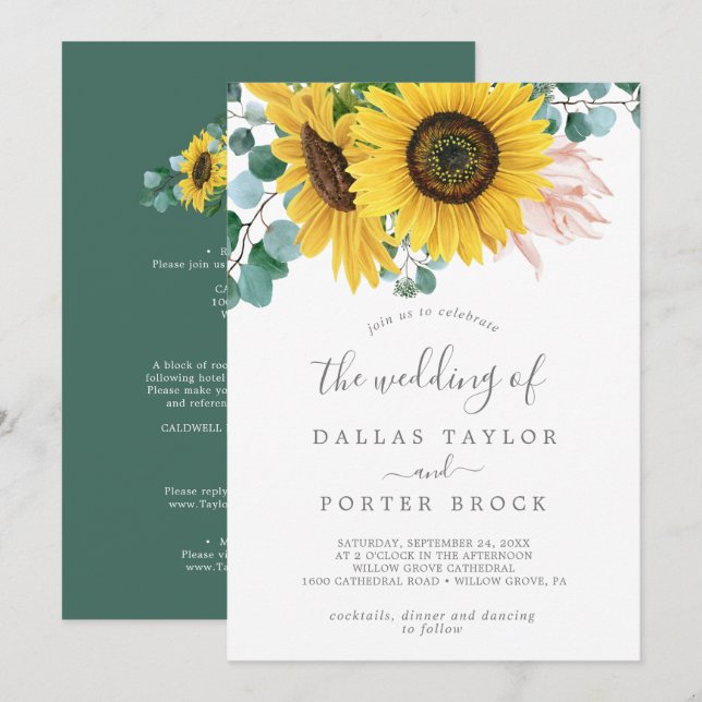 Rustic Sunflower Eucalyptus All In One Wedding Invitation (Front/Back)