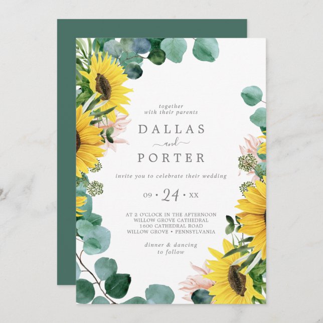 Rustic Sunflower Eucalyptus Casual Wedding Invitation (Front/Back)