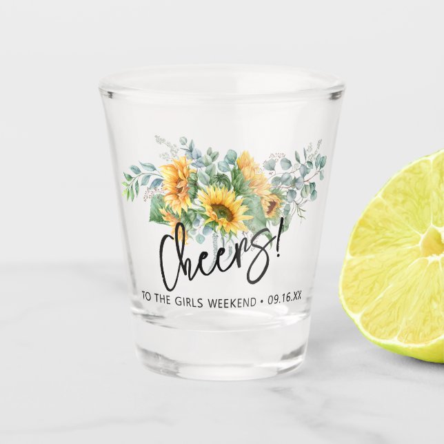 Rustic Sunflower Eucalyptus Cheers Shot Glass (Front)