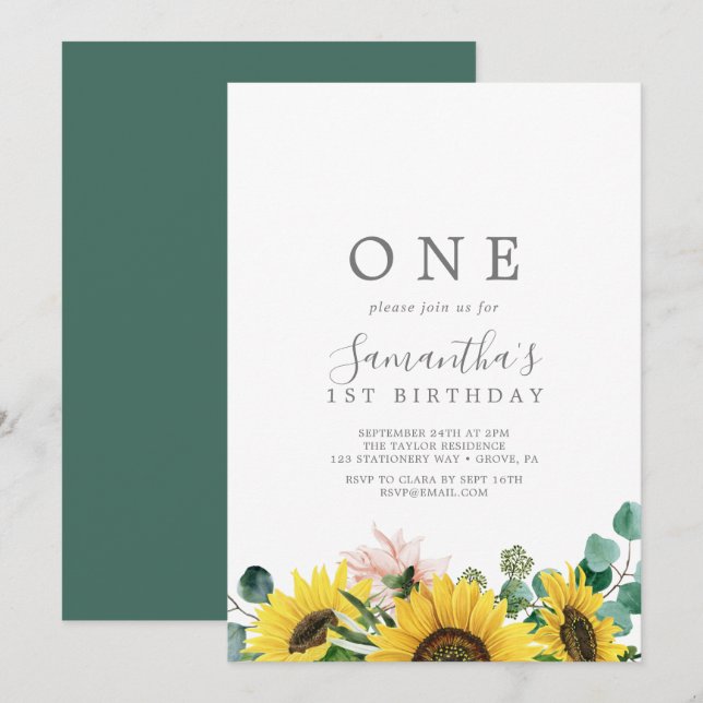 Rustic Sunflower Eucalyptus First Birthday Party Invitation (Front/Back)