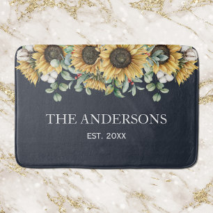 Rustic Sunflower Eucalyptus Floral Botanical Black Bath Mat