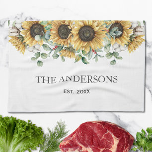 Rustic Sunflower Eucalyptus Floral Botanical Kitchen Towel