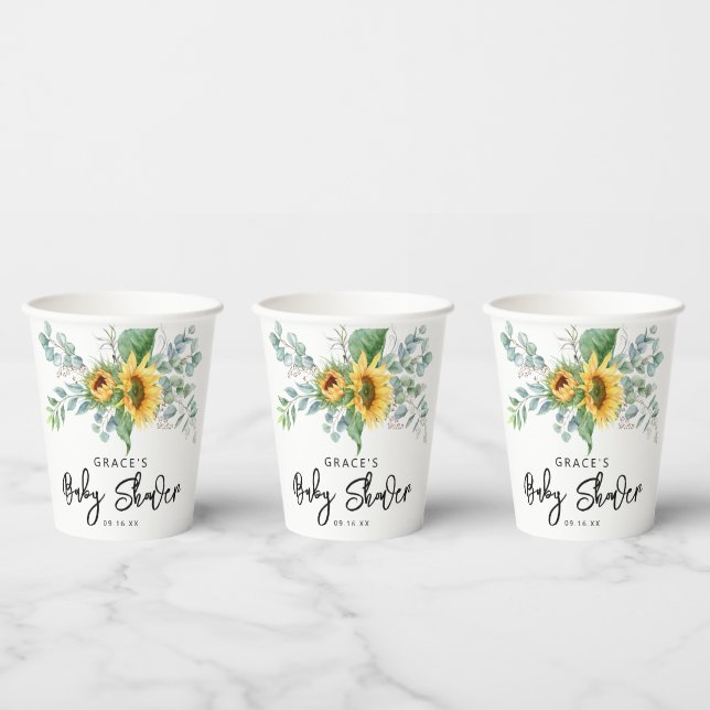 Rustic Sunflower Eucalyptus Greenery Baby Shower Paper Cups (Multi)