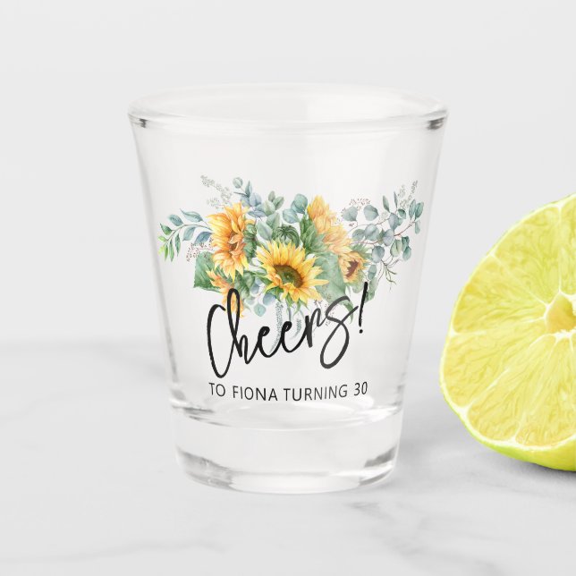 Rustic Sunflower Eucalyptus Greenery Personalized Shot Glass (Front)