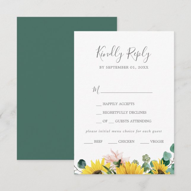 Rustic Sunflower Eucalyptus Menu Choice RSVP Card (Front/Back)