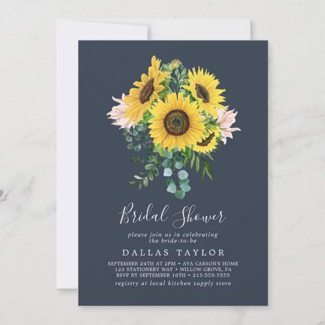 Rustic Sunflower Eucalyptus | Navy Bridal Shower Invitation (Front)