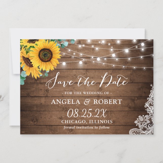 Rustic Sunflower Eucalyptus String Lights Wedding Save The Date (Front)