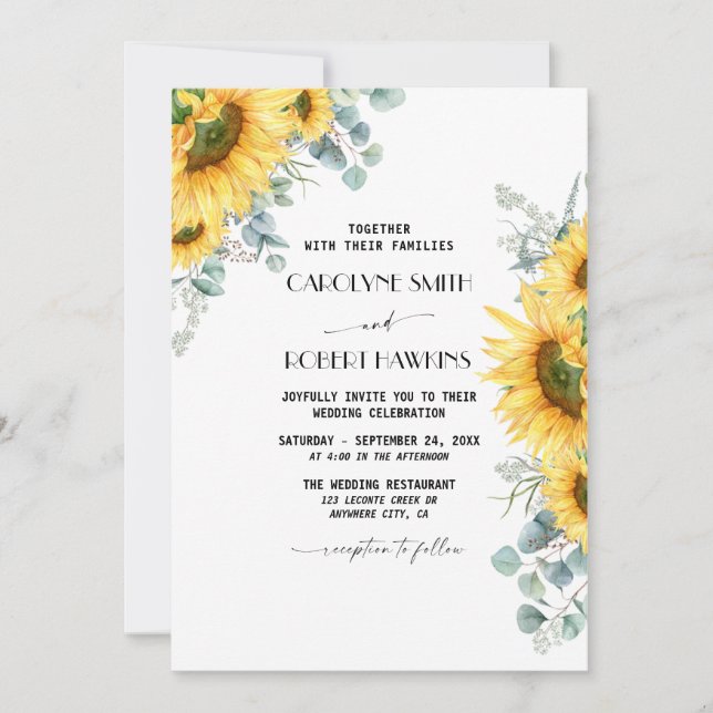 Rustic Sunflower Eucalyptus Watercolor Wedding Invitation (Front)