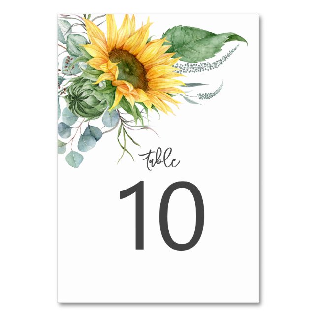 Rustic Sunflower Eucalyptus Watercolor Wedding Table Number (Front)