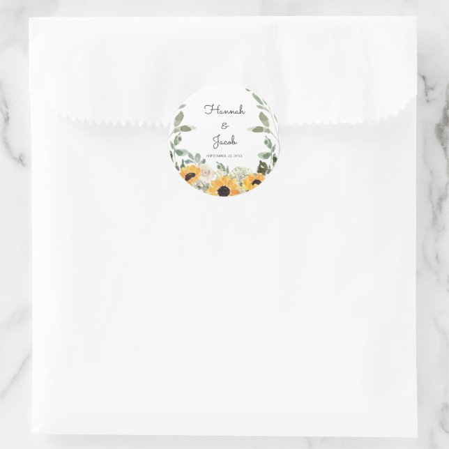Rustic Sunflower Eucalyptus Wedding Favour Classic Round Sticker (Bag)