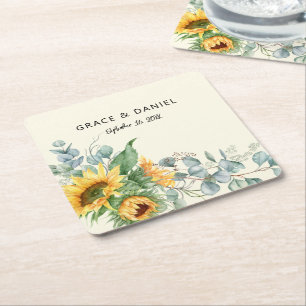 Rustic Sunflower Eucalyptus Wedding Favour Square Paper Coaster
