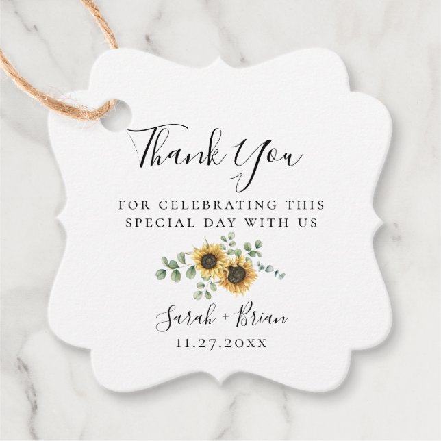 Rustic Sunflower Eucalyptus Wedding Favour Tags (Front)