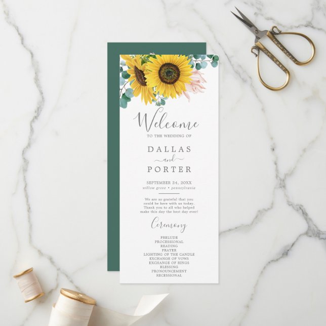Rustic Sunflower Eucalyptus Wedding Program (Front/Back In Situ)