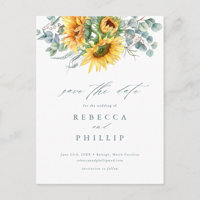 Rustic Sunflower Eucalyptus Wedding Save The Date Announcement Postcard (Front)