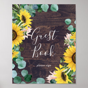 Rustic Sunflower Eucalyptus   Wood Guest Book Sign