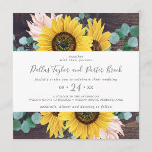Rustic Sunflower Eucalyptus   Wood Square Wedding Invitation
