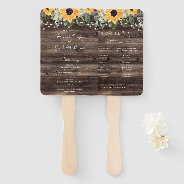 Rustic Sunflower Eucalyptus Wood Wedding Hand Fan (Front and Back)