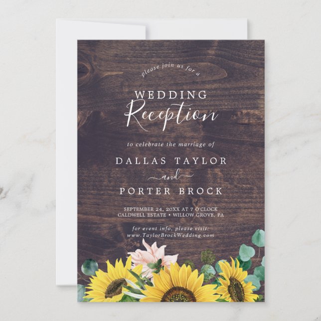 Rustic Sunflower Eucalyptus Wood Wedding Reception Invitation (Front)