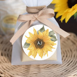 Rustic Sunflower, Fall wedding favour Classic Round Sticker<br><div class="desc">These charming sunflower wedding round stickers are the perfect finishing touch for your rustic-themed nuptials. Designed with a lovely sunflower motif, these stickers embody the warmth and vibrancy of summer and fall seasons. Each sticker can be personalized with the bride's and groom's initials, adding an intimate and bespoke element to...</div>