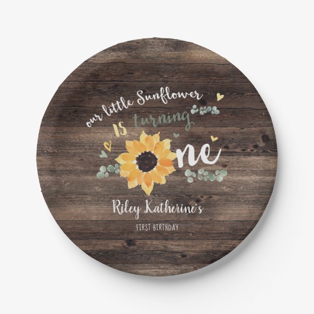 Rustic Sunflower First Birthday Floral Paper Plate (Front)