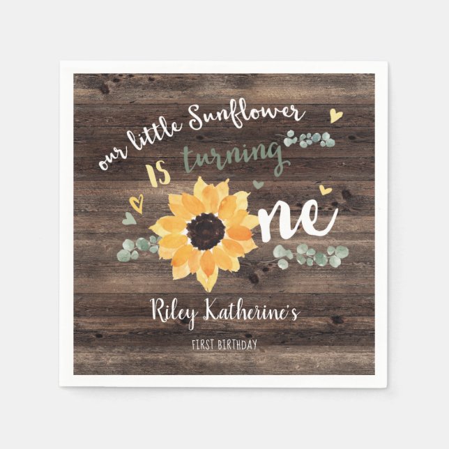 Rustic Sunflower First Birthday Party Napkins (Front)