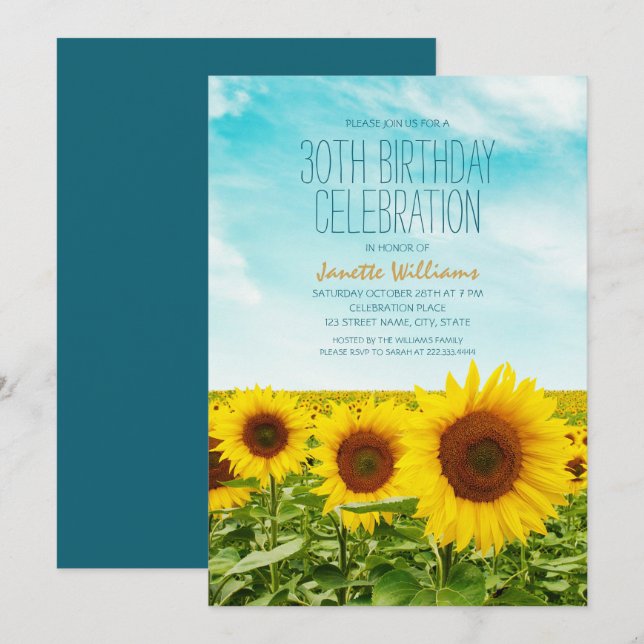 Rustic Sunflower Floral 30th Birthday Party Invitation (Front/Back)