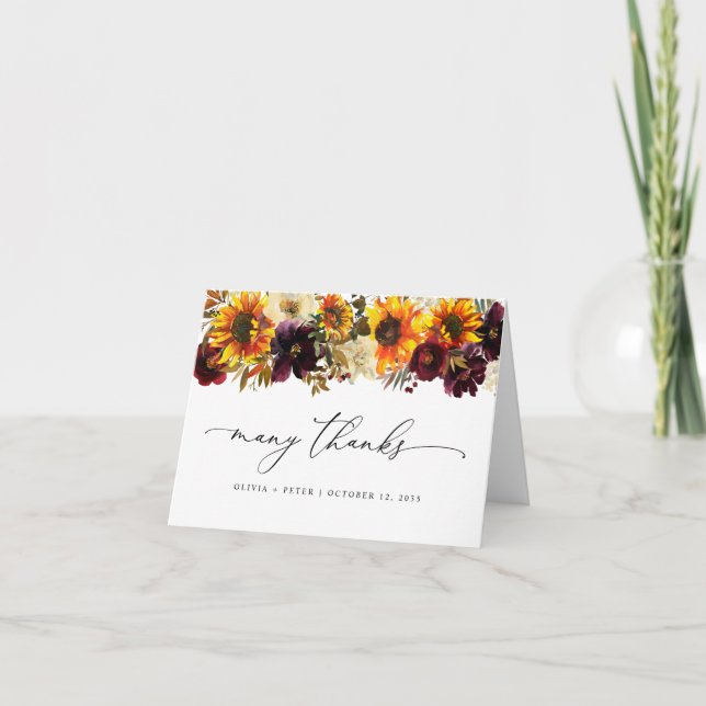 Rustic Sunflower Floral Autumn Burgundy Wedding Thank You Card (Front)