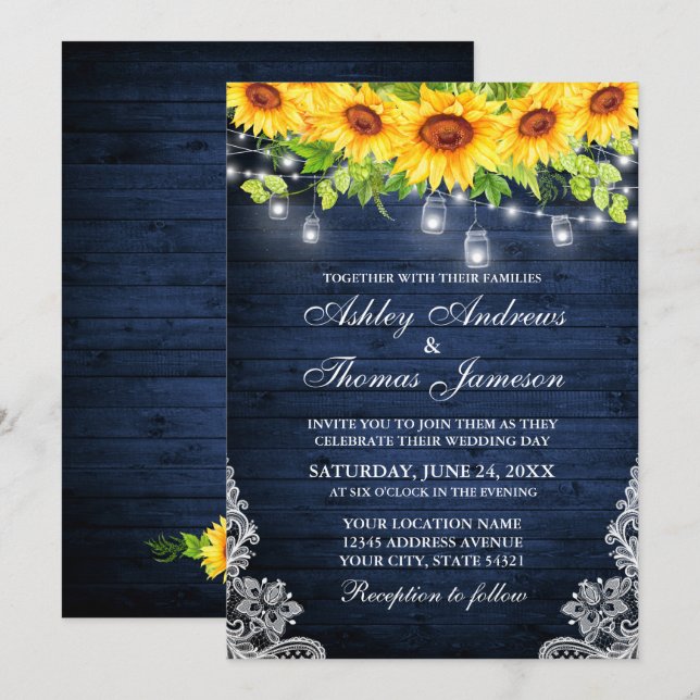 Rustic Sunflower Floral Blue Wood Jar Lights Lace Invitation (Front/Back)