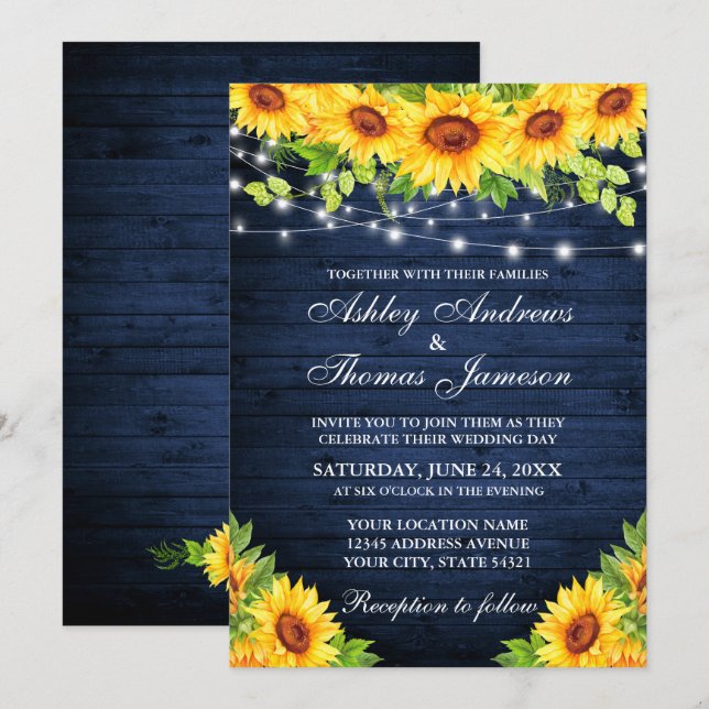 Rustic Sunflower Floral Blue Wood String Lights Invitation (Front/Back)