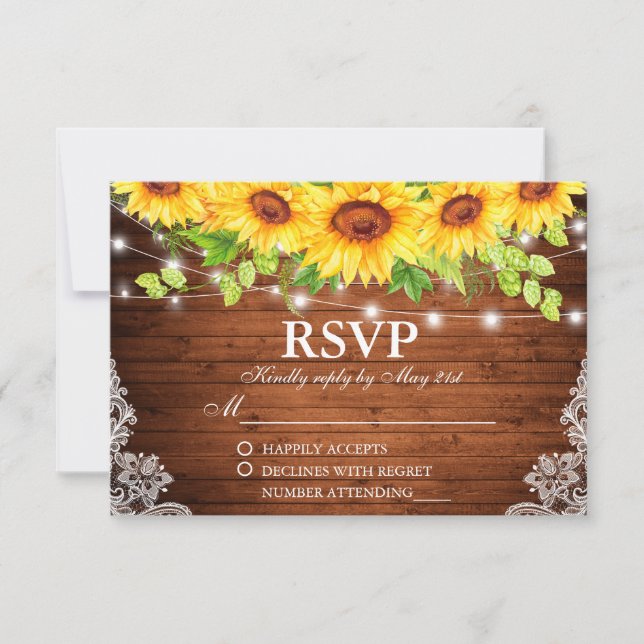 Rustic Sunflower Floral Lace Wood Lights RSVP Card (Front)
