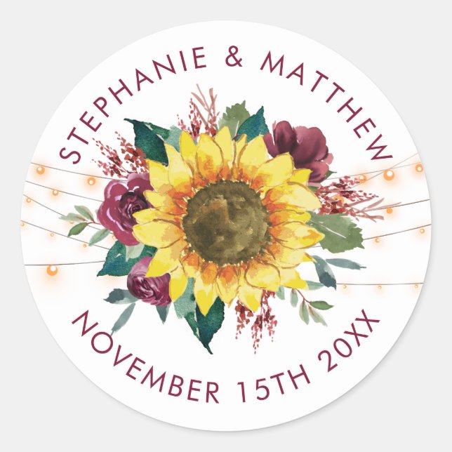 Rustic Sunflower Floral Lights Wedding Date Classic Round Sticker (Front)