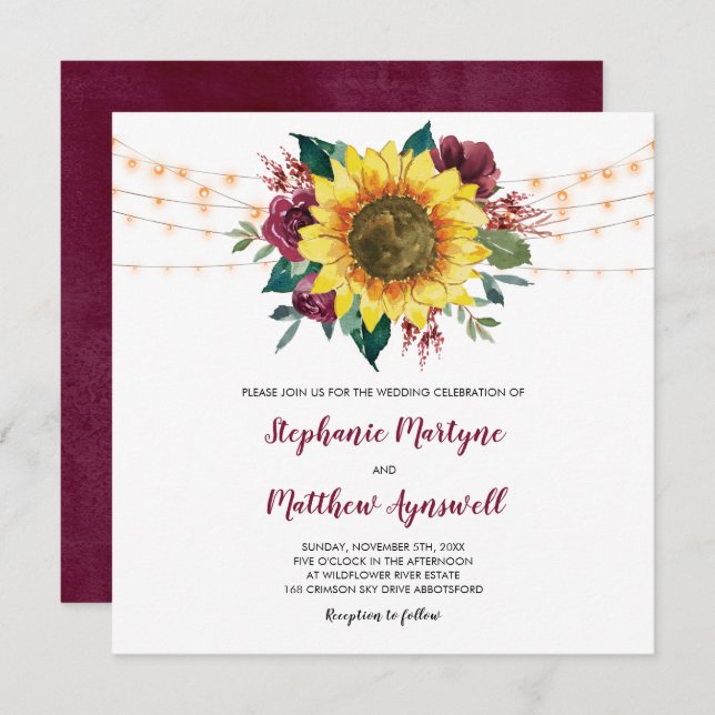 Rustic Sunflower Floral Lights Wedding Invitation (Front/Back)