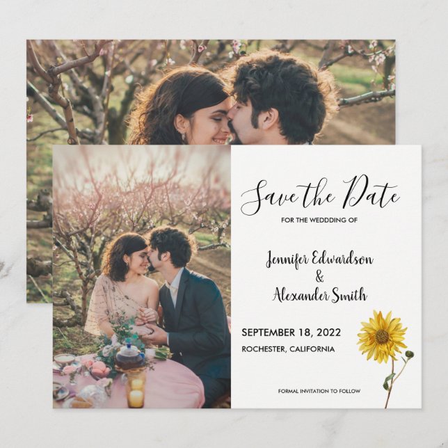 Rustic sunflower floral photo country save the date (Front/Back)