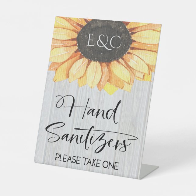 Rustic Sunflower Floral Sanitizer Monogram Wedding Pedestal Sign (Front)