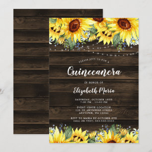 Rustic Sunflower Floral String Lights Quinceanera Invitation