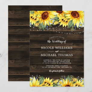 Rustic Sunflower Floral String Lights Wedding Invitation