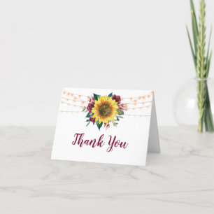 Rustic Sunflower Floral String Lights Wedding Thank You Card